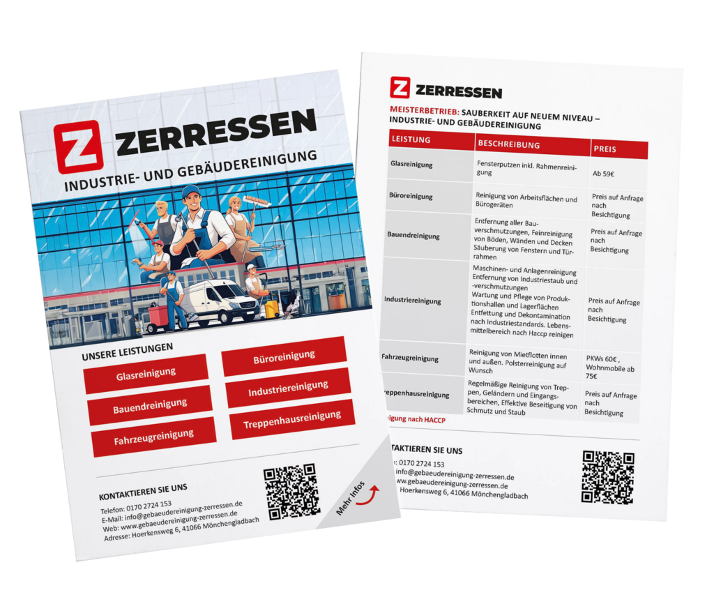 Ein zweiseitiger Flyer über die Leistungen und Preise von Zerressen