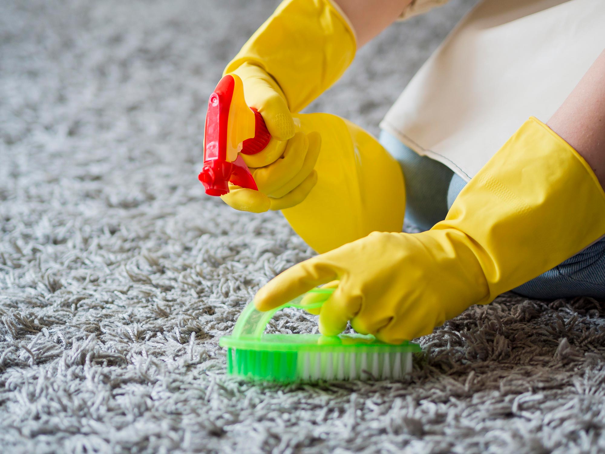 Ein grauer Teppich wird von zwei gelb behandschuhten Händen mit einer grün-weißen Bürste und einem speziellen Reiniger gereinigt.